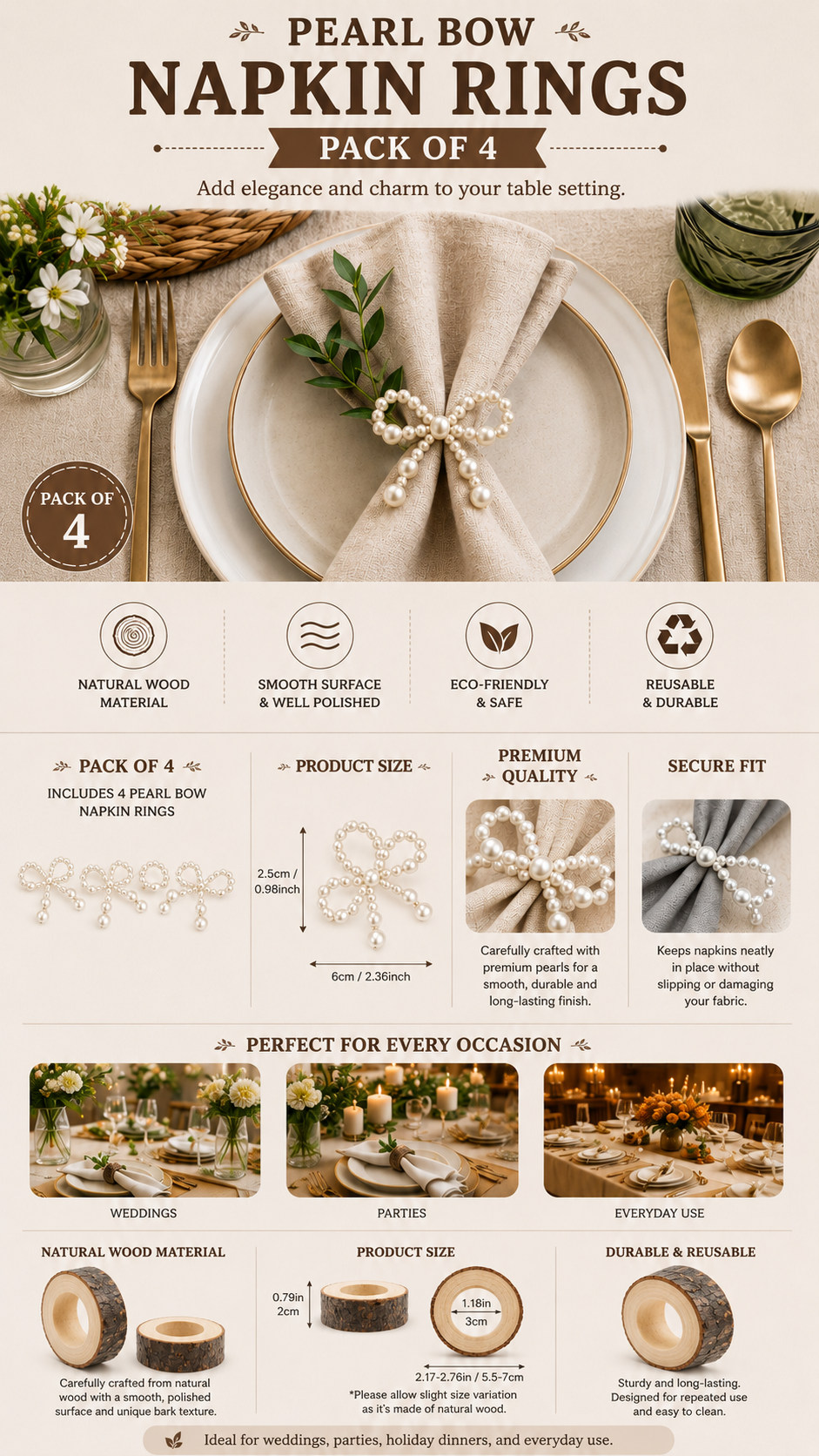 Pearl Bow Delicate Napkin Ring Set - Pack of 4