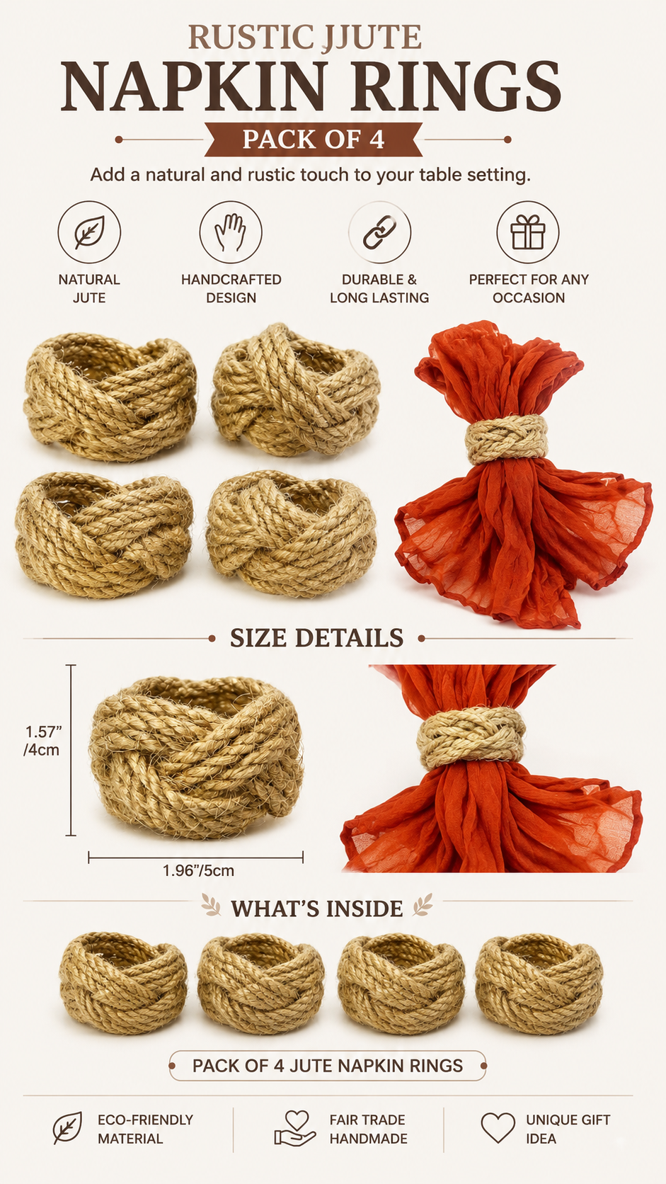 Sante Studio Rustic Jute Napkin Rings – Set of 4