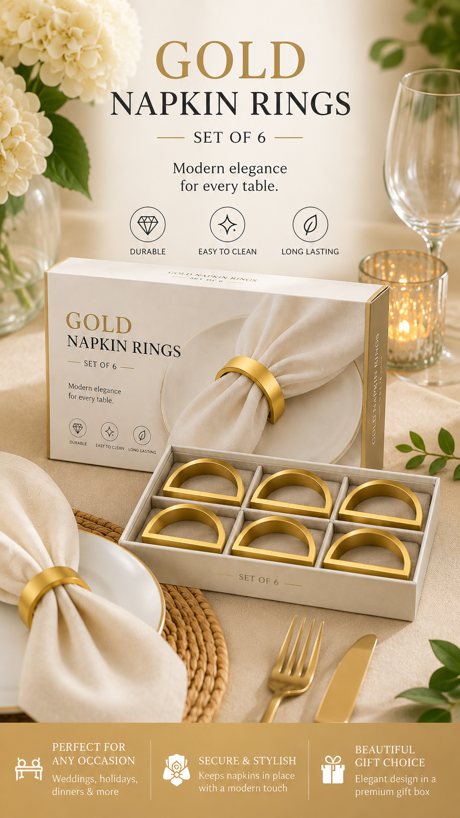 Luxury Gold Napkin Rings – Set of 6