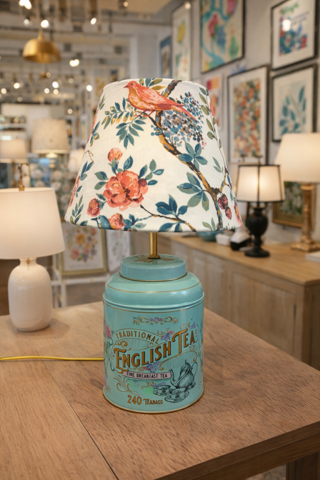 Vintage English Tea Tin Handcrafted Lamp Base – Morning Affirmations Collection by Miami Artist Malky Ureña (Lampshade sold separately)
