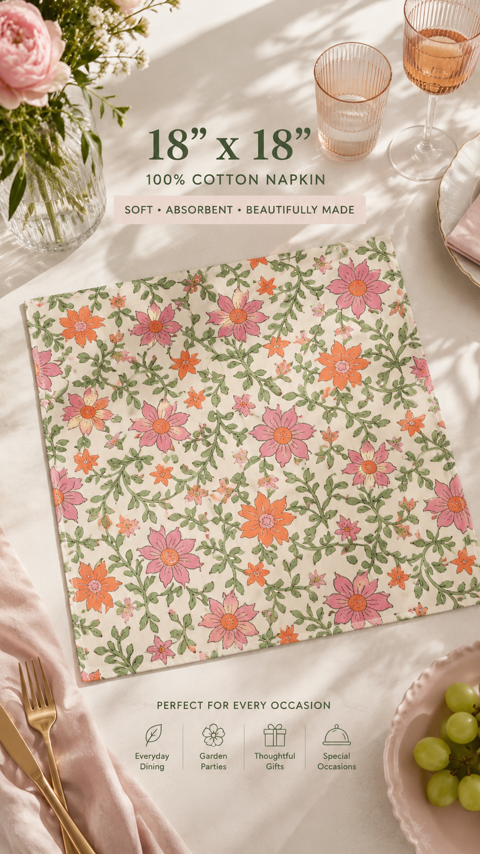 Floral Cloth Napkins Pack of 4, 18x18 inches
