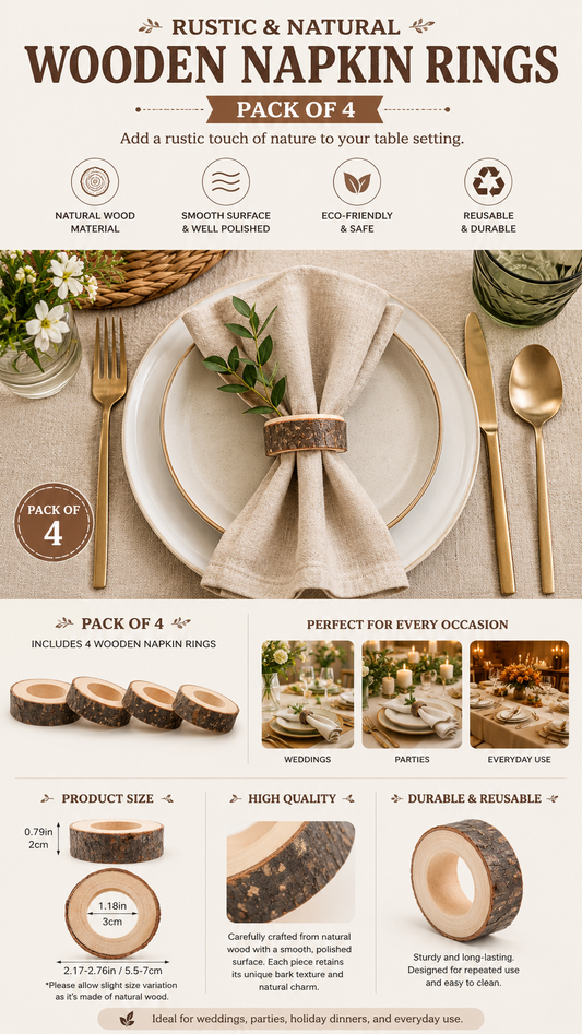 Sante Studio Rustic Natural Wood Napkin Rings – Set of 4
