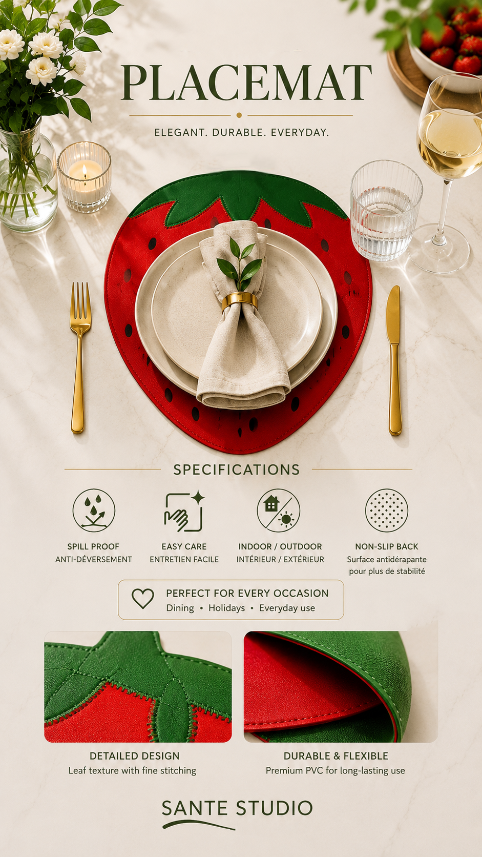 Sante Studio Strawberry Shaped Placemat – Reversible Table Mat