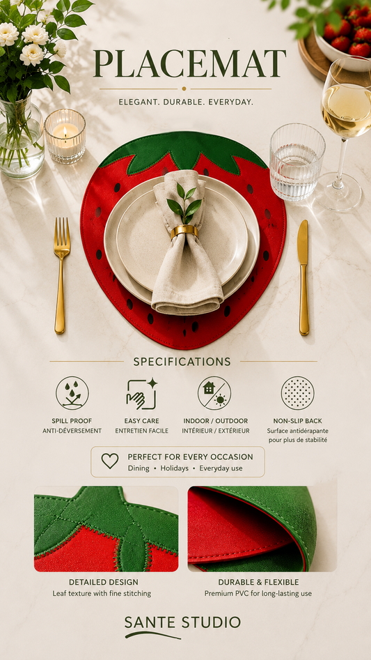 Sante Studio Strawberry Shaped Placemat – Reversible Table Mat