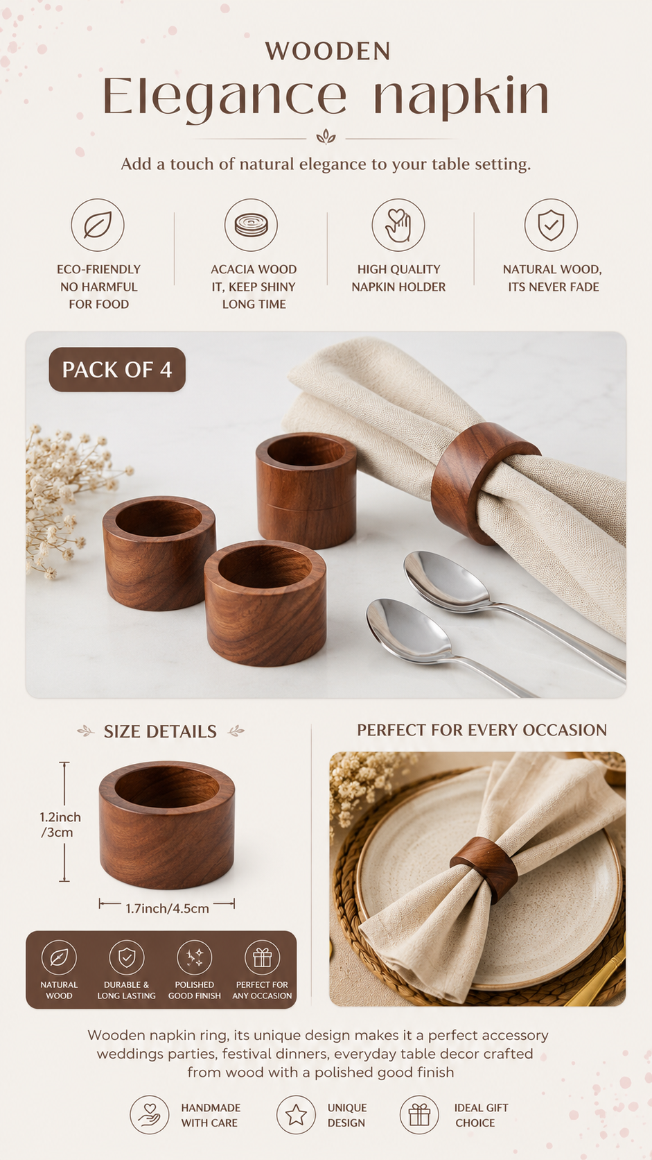 Sante Studio Acacia Wood Napkin Rings – Set of 4