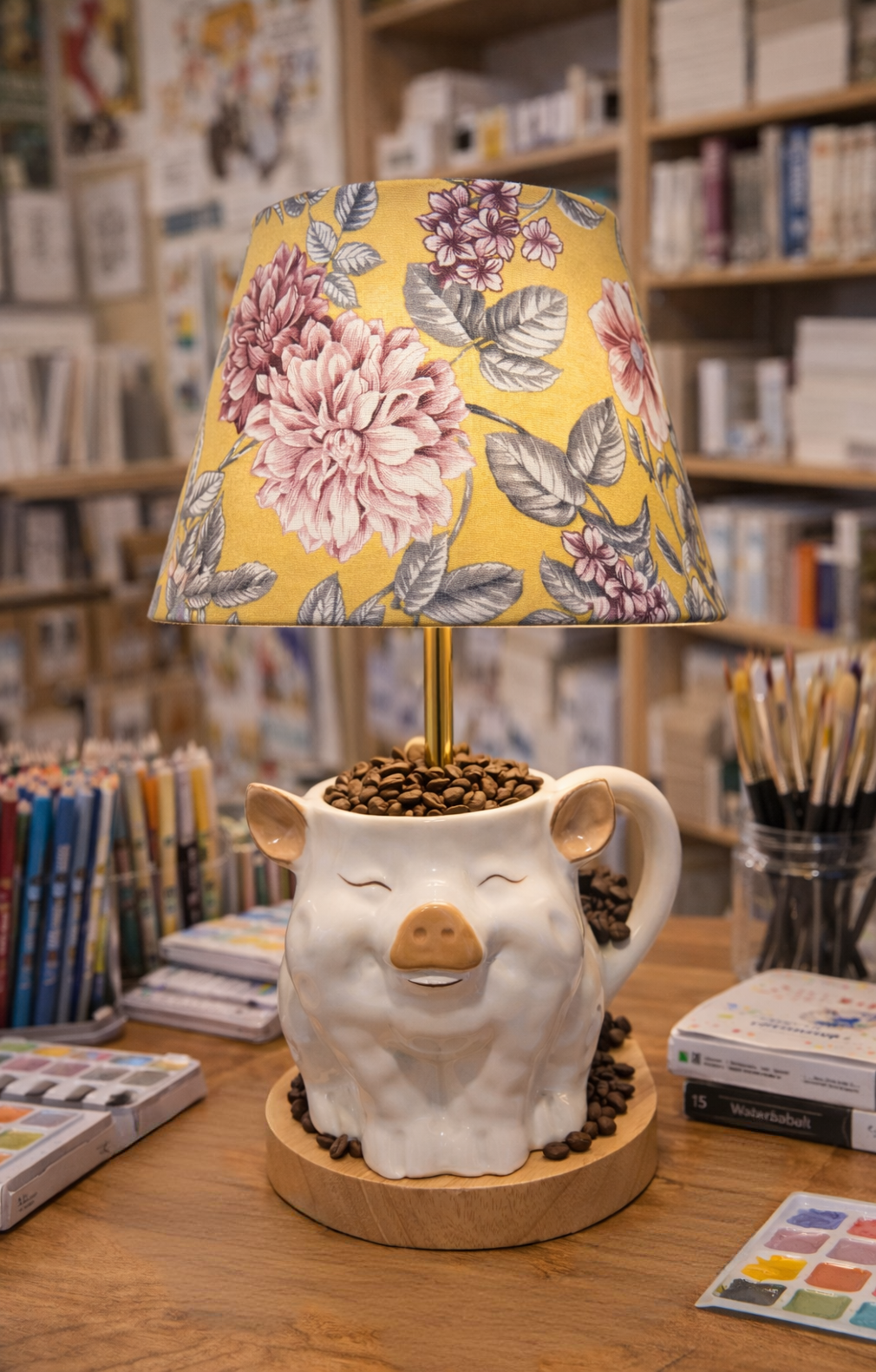 Happy Little Piggy Handcrafted Lamp Base – Morning Affirmations Collection by Miami Artist Malky Ureña (Lampshade sold separately)