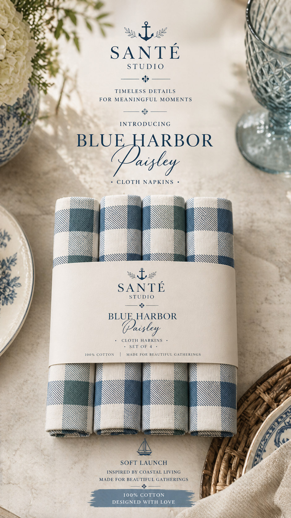 Blue-Green Plaid Cloth Napkins – Set of 4 | 15x15 Inches