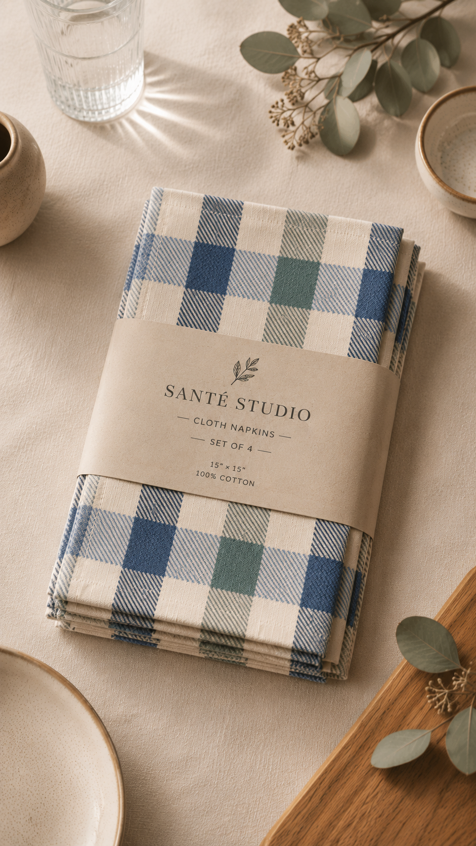 Blue-Green Plaid Cloth Napkins – Set of 4 | 15x15 Inches