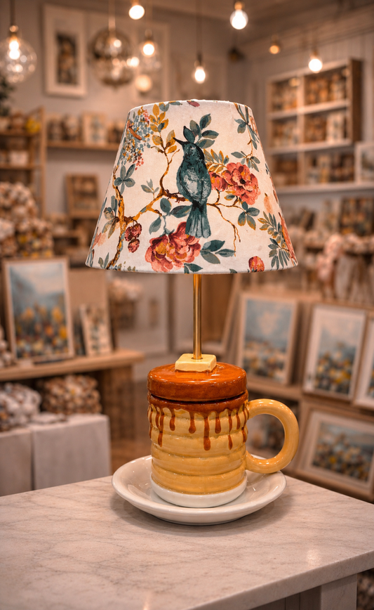 Vintage Café Mug Handcrafted Lamp Base – Morning Affirmations Collection by Miami Artist Malky Ureña (Lampshade sold separately)