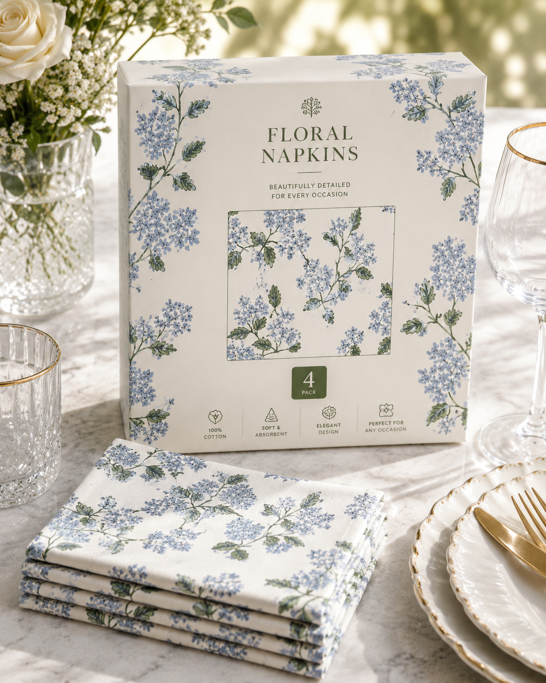 Hydrangea Linen Cloth Napkins Pack of 4