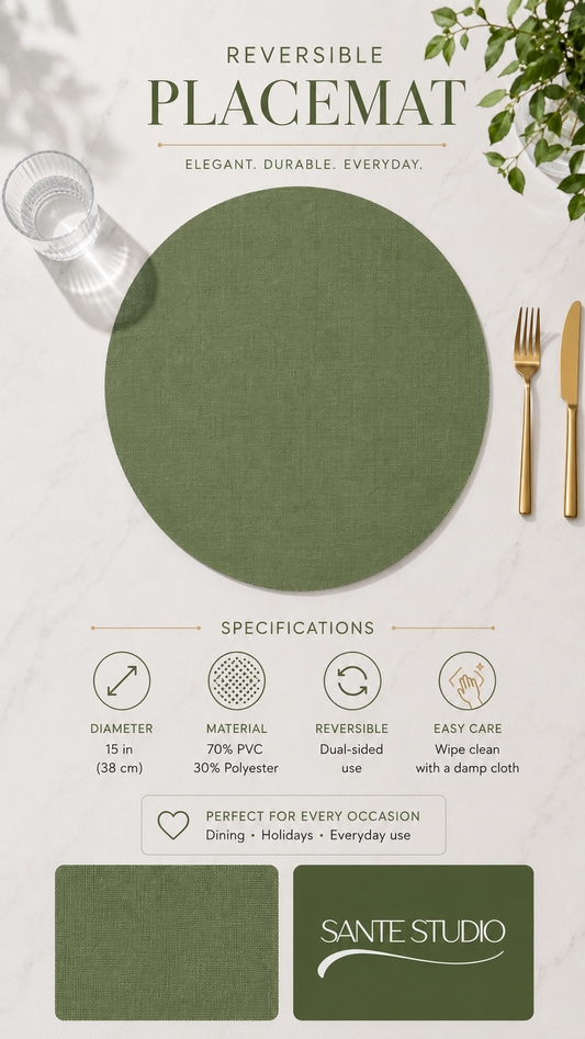 Sante Studio Reversible Round Linen-Look Placemat – 15 Inch (single pack)