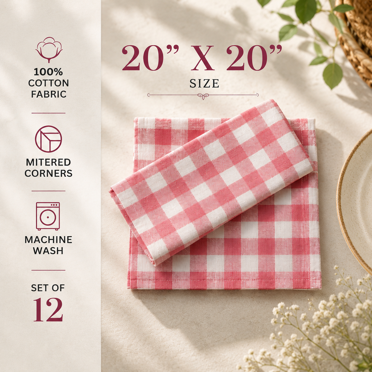 Pink Plaid Cloth Napkins Pack of 4, 20x20 inches