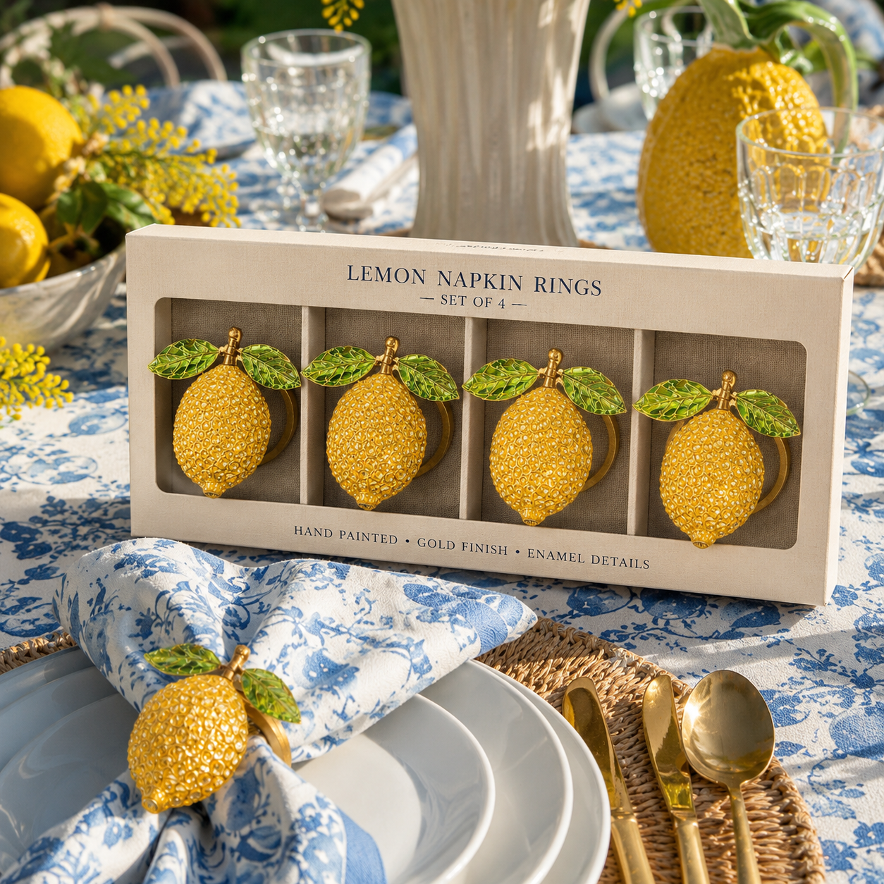 Hand-Painted Lemon Napkin Rings – Set of 4