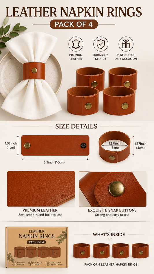 Sante Studio Faux Leather Napkin Rings – Set of 4 Elegant Rustic Table Decor Holders